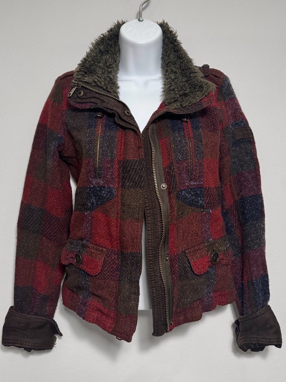 Abercrombie & Fitch Plaid Wool Blend Faux Fur Jacket XS